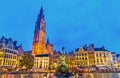 The Cathedral of Our Lady and the Silvius Brabo Fountain on the Grote Markt Square in Antwerp, Belgium Royalty Free Stock Photo