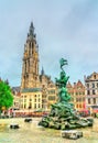 The Cathedral of Our Lady and the Silvius Brabo Fountain on the Grote Markt Square in Antwerp, Belgium Royalty Free Stock Photo