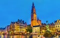 The Cathedral of Our Lady and the Silvius Brabo Fountain on the Grote Markt Square in Antwerp, Belgium Royalty Free Stock Photo