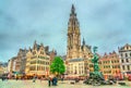 The Cathedral of Our Lady and the Silvius Brabo Fountain on the Grote Markt Square in Antwerp, Belgium Royalty Free Stock Photo