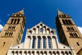 Cathedral part elevation and stone facade with columns and arches in neo Romanesque style Royalty Free Stock Photo