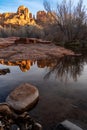 Cathedral Rock sunset at Oak Creek with reflection. Sedona, Arizona in winter