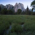 Cathedral Rocks and Cathedral Spires are a prominent collection of cliffs, buttresses and pinnacles located on Yosemite Valley. Royalty Free Stock Photo