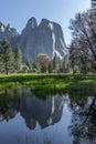 Cathedral Rocks reflected in the lake at Yosemite National Park Royalty Free Stock Photo