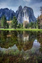 Cathedral Rocks at Yosemite reflected in the flood Royalty Free Stock Photo