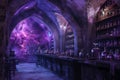 Cathedral\'s crypt converted into a potion lab, walls adorned with nebula murals, eerie, dim light