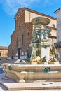 Cathedral of Saint Peter the Apostle and fountain on Piazza Liberta in Faenza