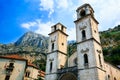 Cathedral Saint Tryphon is Roman Catholic cathedral in old town of Kotor, Montenegro. Lovcen mountain at background.