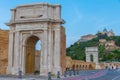 Cathedral of San Ciriaco behind Arco di Traiano in Ancona, Italy Royalty Free Stock Photo