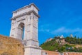 Cathedral of San Ciriaco behind Arco di Traiano in Ancona, Italy Royalty Free Stock Photo