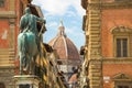 Cathedral of Santa Maria del Fiore and Monument of Cosimo de Medici. View from the Piazza of the Santissima Annunziata. Royalty Free Stock Photo