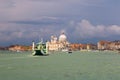 Cathedral of Santa Maria della Salute Basilica di Santa Maria della Salute. Venice, Italy. Stormy sky, dark clouds, the tug Royalty Free Stock Photo