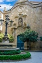 Cathedral of Santa Maria in Solsona, Lleida, Spain. Square with fountain and street lamp