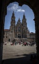 The Cathedral of Santiago de Compostela in a shadow arch border.