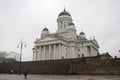 Cathedral on Senate Square in Helsinki, Finland. Side view. People walk around