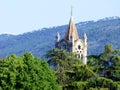 A cathedral spire seen over the treetops with mountains in the background