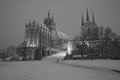 cathedral square in Erfurt with view to snow covered cathedral and church Severi at a winter day - black and whithe picture Royalty Free Stock Photo