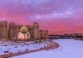 Cathedral of St. Nicholas. Frozen Moscow River and bright winter sunset.