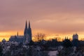 The cathedral St. Peter in Regensburg on cold winter morning in December with fresh snow on the roofs and spires