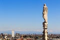 Cathedral statue and view of Milan cityscape
