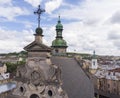 Cathedral Top in Lviv city center aerial view at Summertime midday, Western Ukraine Royalty Free Stock Photo