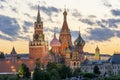 Cathedral of Vasily the Blessed Saint Basil`s Cathedral and Spasskaya Tower of Kremlin on Red Square at sunset, Moscow, Russia Royalty Free Stock Photo