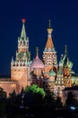 Cathedral of Vasily the Blessed and Spasskaya Tower of Moscow Kremlin on Red Square at night, Russia Royalty Free Stock Photo