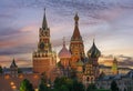 Cathedral of Vasily the Blessed Saint Basil`s Cathedral and Spasskaya Tower of Moscow Kremlin on Red Square at sunset, Moscow, Royalty Free Stock Photo