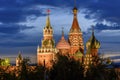 Cathedral of Vasily the Blessed Saint Basil`s Cathedral and Spasskaya Tower of Moscow Kremlin on Red Square at sunset, Moscow, Royalty Free Stock Photo