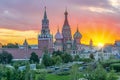 Cathedral of Vasily the Blessed Saint Basil`s Cathedral and Spasskaya Tower of Moscow Kremlin on Red Square at sunset, Russia Royalty Free Stock Photo