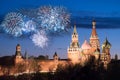 The Cathedral of Vasily the Blessed and Spasskaya tower in the twilight. Moscow, Russia. Salute, 9 may. Royalty Free Stock Photo