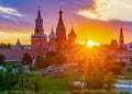 Cathedral of Vasily the Blessed and towers of Moscow Kremlin on Red Square at sunset, Moscow, Russia Royalty Free Stock Photo