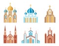 Cathedrals and churches set of colorful icons. Religious architectural buildings.