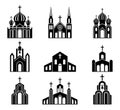 Cathedrals, temples and churches set icons. Religious architectural buildings.