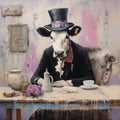 Catherine Williams: A Cow Eating Tea In The Style Of Tom Bagshaw