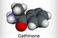 Cathinone, benzoylethanamine, beta-keto-amphetamine, C9H11NO molecule. It is monoamine alkaloid found in the shrub Catha edulis