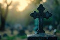 A Catholic cemetery with a tombstone and a cross with a place for the text Royalty Free Stock Photo