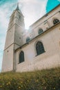 Catholic Church architecture outside.Christian and catholic faith symbol.Religious symbol.Church building in Gothic Royalty Free Stock Photo