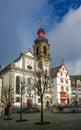 Catholic church of Assumption of Mary and baroque house on Old Market square of Hachenburg, Rheinland-Pfalz, Germany Royalty Free Stock Photo