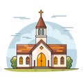 Catholic Church Building, Cathedral. Cartoon Religious Architecture Exterior, Vector Illustration