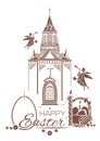 Catholic Church, burning candle, basket of Easter eggs, angels blow trumpets Royalty Free Stock Photo