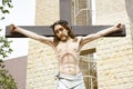 Catholic church and Jesus Christ on crucifix. Royalty Free Stock Photo