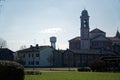 Catholic church, Robecco sul Naviglio, Milan province, Italy, 13 March 2018: Old Catholic church with bell tower