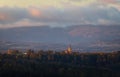 Catholic church in small Czech village Hosin in autumn landscape at sunrise Royalty Free Stock Photo