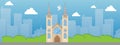 Catholic church with spire and stained glass windows banner vector illustration. Beautiful place in city. Catholic Roman Royalty Free Stock Photo