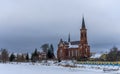 Catholic church of St. Anthony of Padua in Pastavy in winter. Monument of architecture in the neo-Gothic style