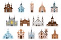 Catholic church. Vintage monastery. Architecture buildings with glass windows. Crosses on roofs. Modern garish doors Royalty Free Stock Photo