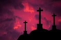 Catholic crosses silhouette with a darkness`s sunset background. We live in dangerous times, this Easter stay home and pray for th Royalty Free Stock Photo