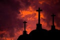 Catholic crosses silhouette with a darkness`s sunset background. We live in dangerous times, this Easter stay home and pray for th Royalty Free Stock Photo