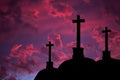 Catholic crosses silhouette with a darkness`s sunset background. We live in dangerous times, this Easter stay home and pray for th Royalty Free Stock Photo